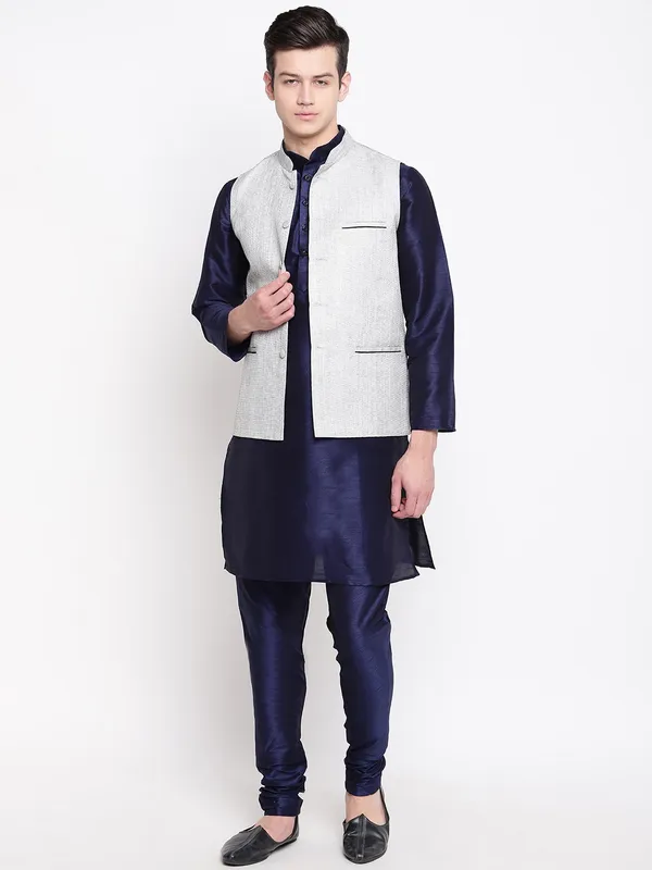 Blue_Banarasi_Dupion_Kurta_With_Churidar_And_Jute_Waistcoat_Set_For_Men