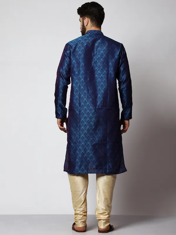 Blue_Silk_Blend_Loop_Button_Designer_Kurta_With_Churidar_Set_For_Men