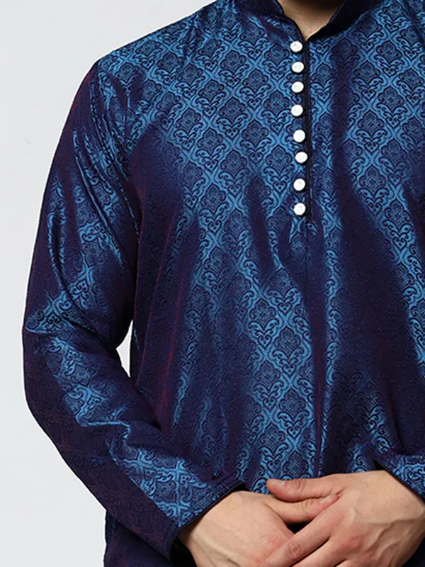 Blue_Silk_Blend_Loop_Button_Designer_Kurta_With_Churidar_Set_For_Men