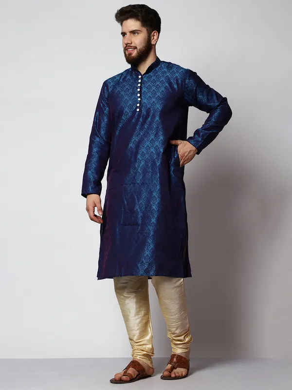 Blue_Silk_Blend_Loop_Button_Designer_Kurta_With_Churidar_Set_For_Men