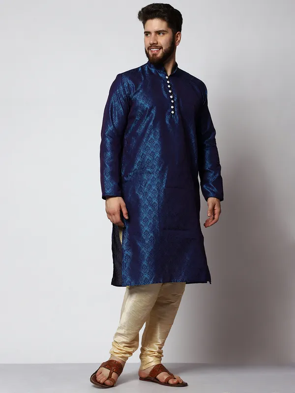 Blue_Silk_Blend_Loop_Button_Designer_Kurta_With_Churidar_Set_For_Men