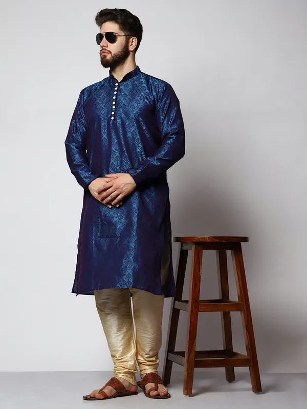 Blue_Silk_Blend_Loop_Button_Designer_Kurta_With_Churidar_Set_For_Men
