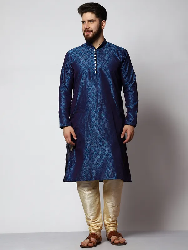 Blue_Silk_Blend_Loop_Button_Designer_Kurta_With_Churidar_Set_For_Men