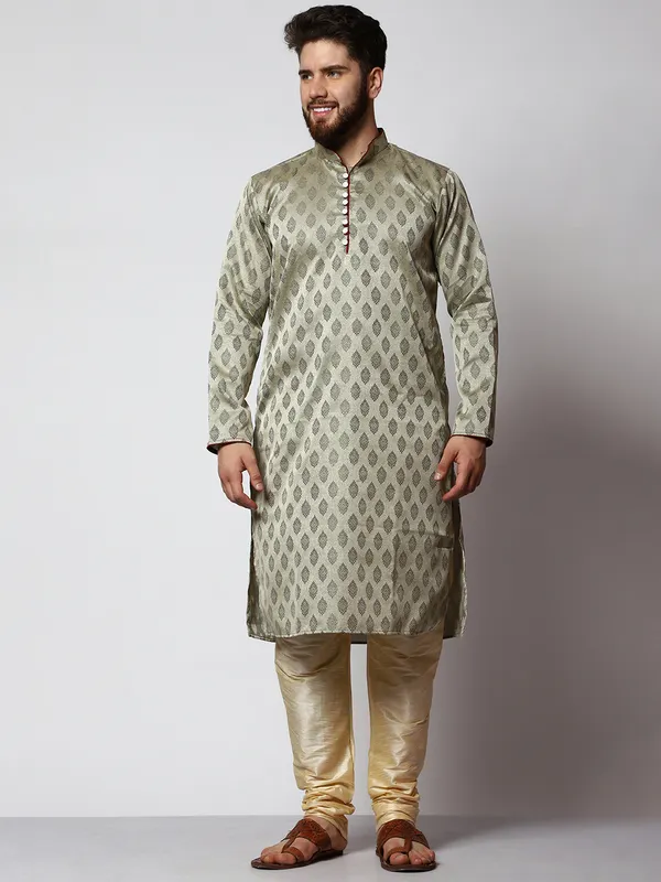 Green_Silk_Blend_Loop_Button_Designer_Kurta_With_Churidar_Set_For_Men