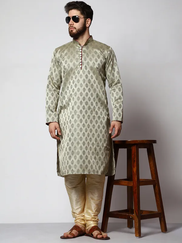 Green_Silk_Blend_Loop_Button_Designer_Kurta_With_Churidar_Set_For_Men