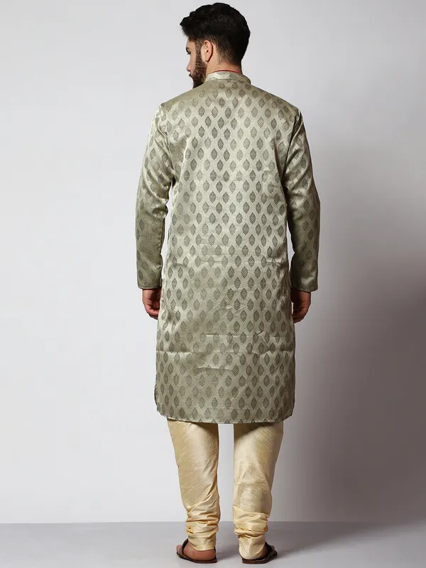 Green_Silk_Blend_Loop_Button_Designer_Kurta_With_Churidar_Set_For_Men