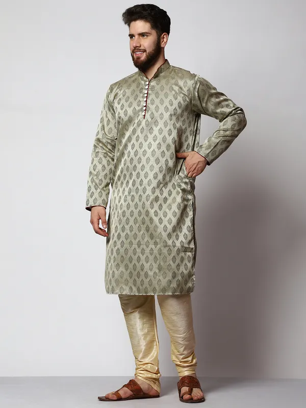 Green_Silk_Blend_Loop_Button_Designer_Kurta_With_Churidar_Set_For_Men