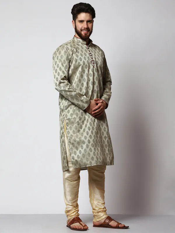 Green_Silk_Blend_Loop_Button_Designer_Kurta_With_Churidar_Set_For_Men