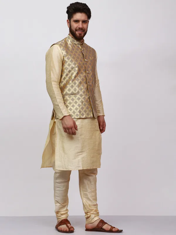 Gold_Banarasi_Dupion_Kurta_With_Box_Jacket_Set_For_Men