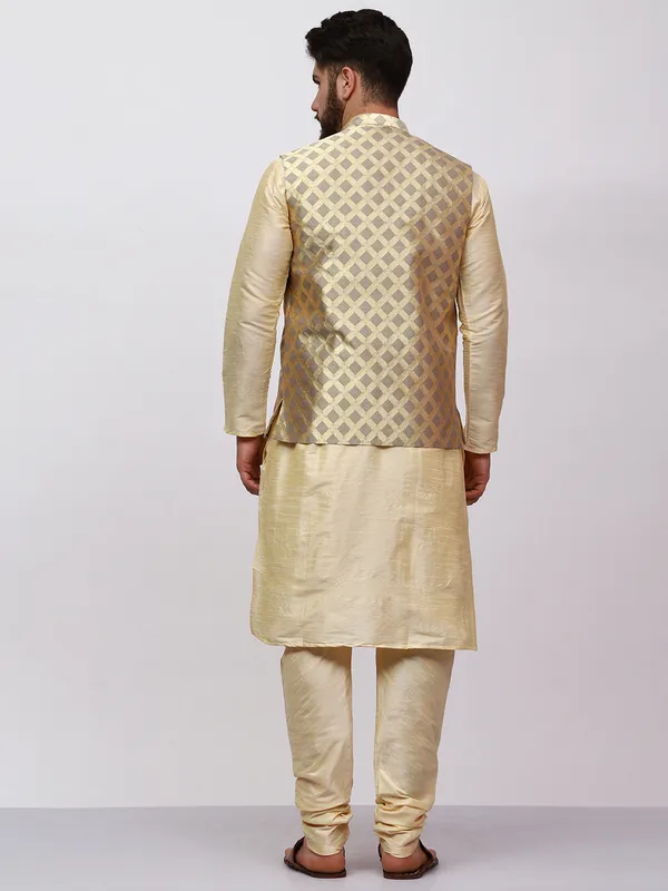 Gold_Banarasi_Dupion_Kurta_With_Box_Jacket_Set_For_Men