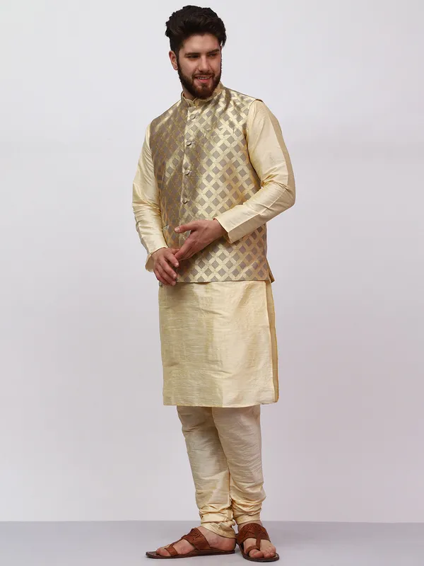 Gold_Banarasi_Dupion_Kurta_With_Box_Jacket_Set_For_Men