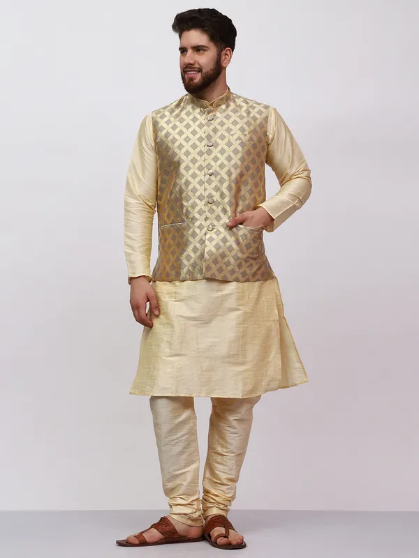 Gold_Banarasi_Dupion_Kurta_With_Box_Jacket_Set_For_Men