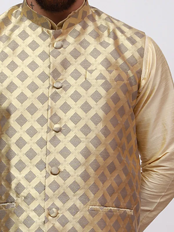 Gold_Banarasi_Dupion_Kurta_With_Box_Jacket_Set_For_Men