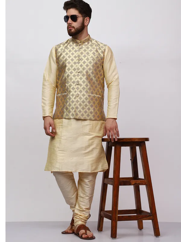 Gold_Banarasi_Dupion_Kurta_With_Box_Jacket_Set_For_Men