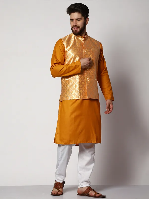 Mustard_Cotton_Kurta_With_Pyjama_And_Box_Jacket_Set_For_Men