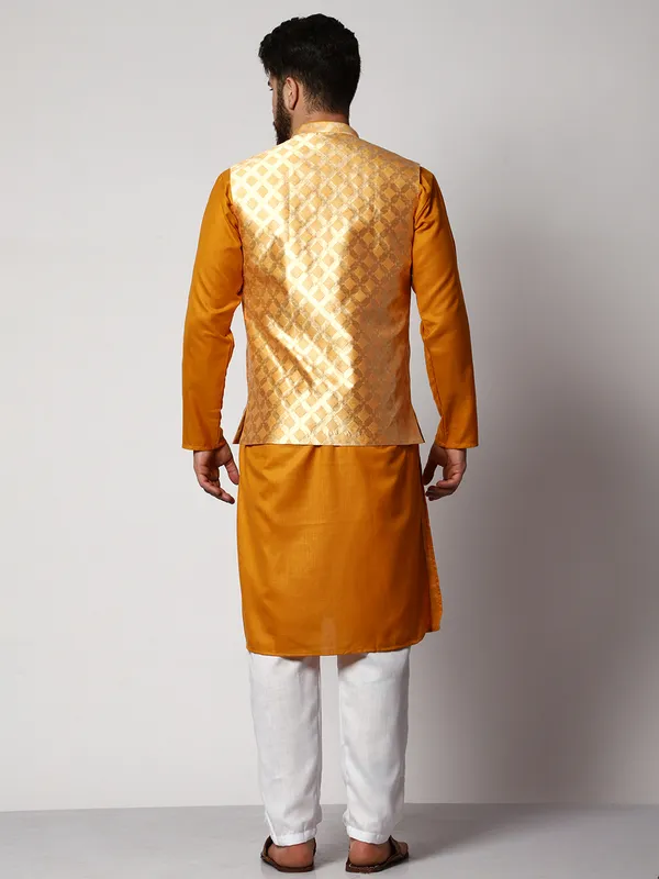 Mustard_Cotton_Kurta_With_Pyjama_And_Box_Jacket_Set_For_Men