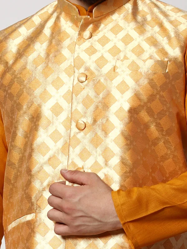 Mustard_Cotton_Kurta_With_Pyjama_And_Box_Jacket_Set_For_Men