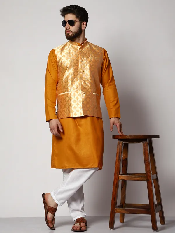 Mustard_Cotton_Kurta_With_Pyjama_And_Box_Jacket_Set_For_Men