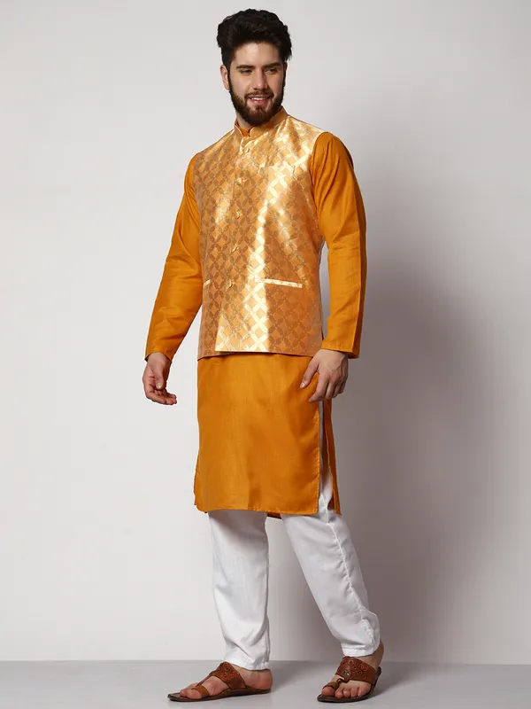 Mustard_Cotton_Kurta_With_Pyjama_And_Box_Jacket_Set_For_Men