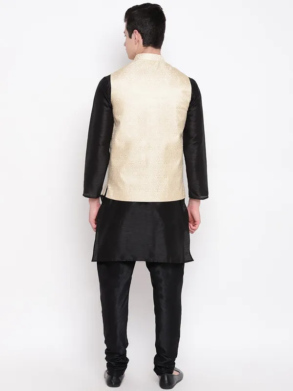 Black_Banarasi_Dupion_Kurta_With_Churidar_And_New_Waistcoat_Set_For_Men