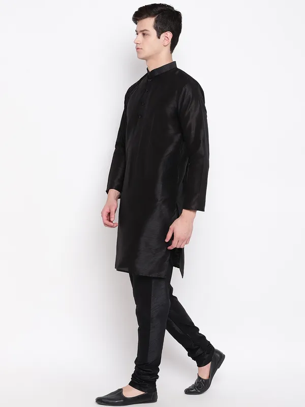 Black_Banarasi_Dupion_Kurta_With_Churidar_And_New_Waistcoat_Set_For_Men