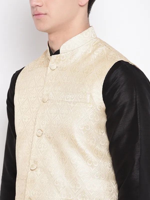 Black_Banarasi_Dupion_Kurta_With_Churidar_And_New_Waistcoat_Set_For_Men