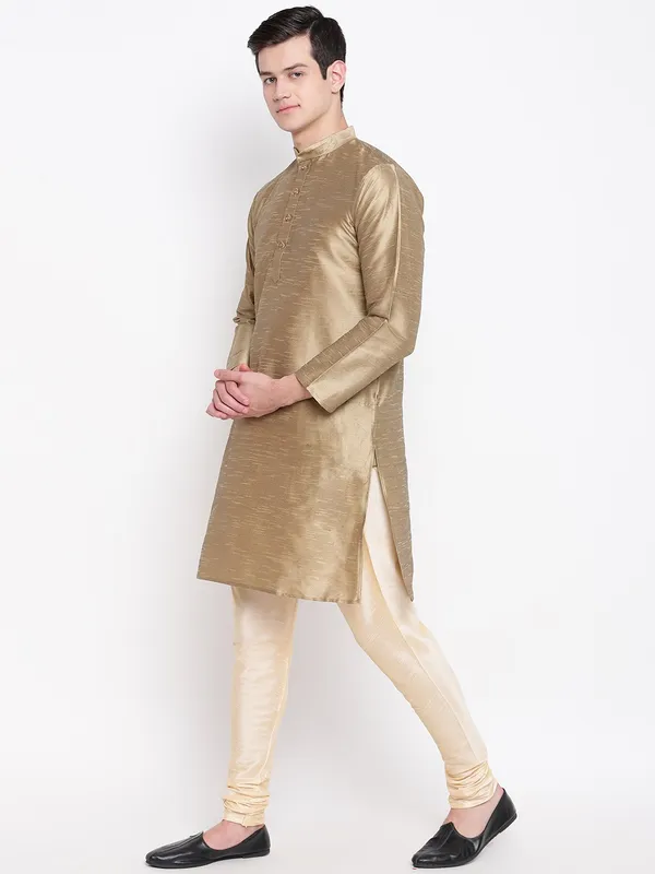 Copper_Gold_Banarasi_Dupion_Kurta_With_Churidar_And_Waistcoat_Set_For_Men