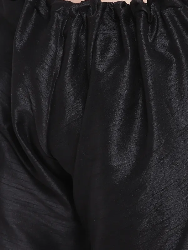 Black_Banarasi_Dupion_Kurta_With_Churidar_And_Jute_Waistcoat_Set_For_Men