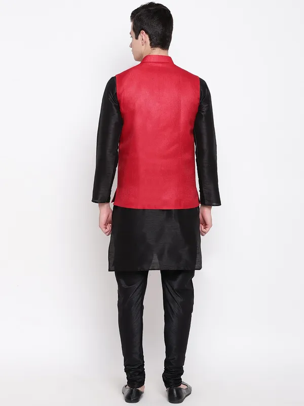 Black_Banarasi_Dupion_Kurta_With_Churidar_And_Jute_Waistcoat_Set_For_Men