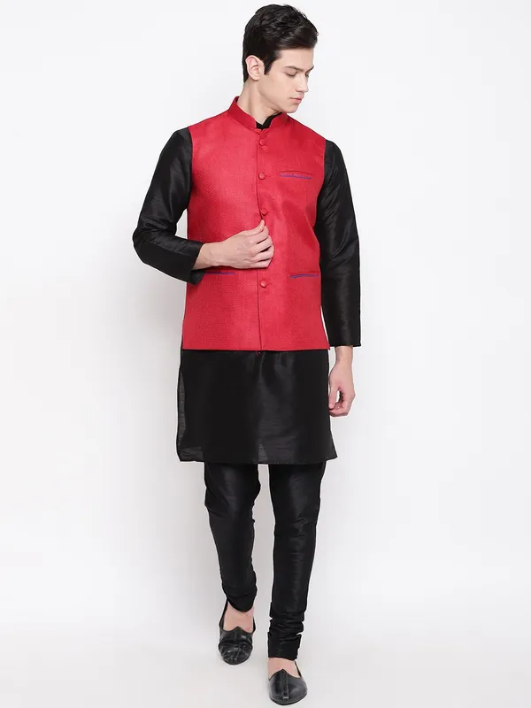 Black_Banarasi_Dupion_Kurta_With_Churidar_And_Jute_Waistcoat_Set_For_Men