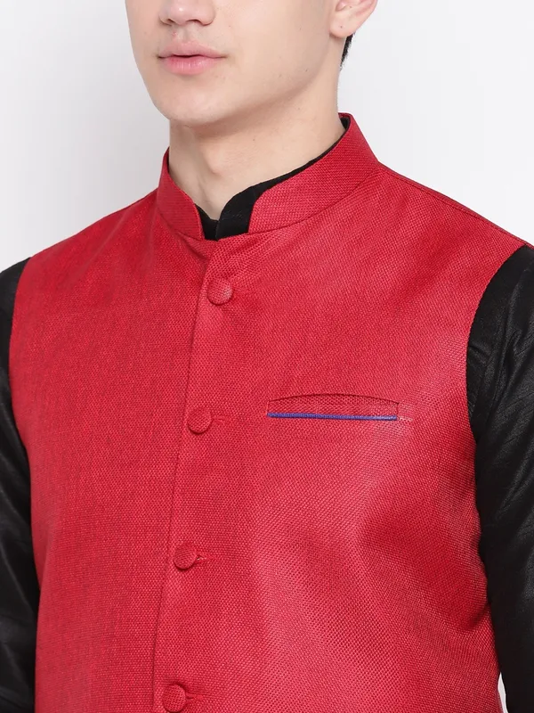 Black_Banarasi_Dupion_Kurta_With_Churidar_And_Jute_Waistcoat_Set_For_Men