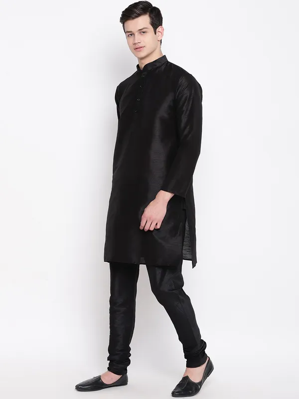 Black_Banarasi_Dupion_Kurta_With_Churidar_And_Jute_Waistcoat_Set_For_Men