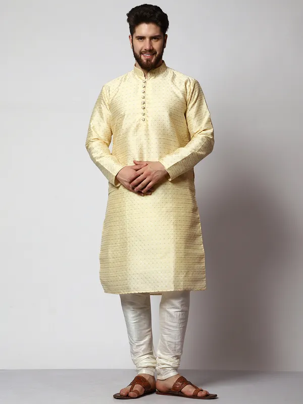 Cream_Silk_Blend_Loop_Button_Designer_Kurta_With_Churidar_Set_For_Men