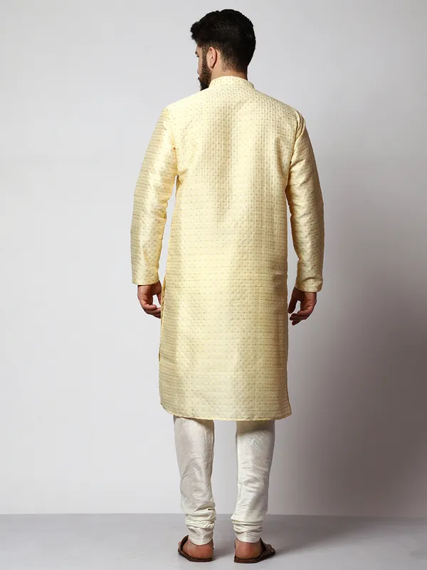 Cream_Silk_Blend_Loop_Button_Designer_Kurta_With_Churidar_Set_For_Men