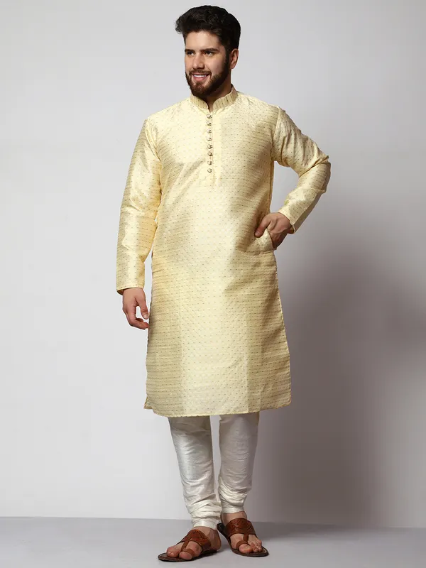 Cream_Silk_Blend_Loop_Button_Designer_Kurta_With_Churidar_Set_For_Men