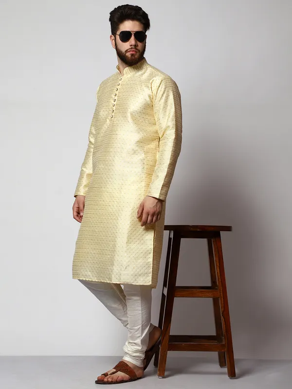 Cream_Silk_Blend_Loop_Button_Designer_Kurta_With_Churidar_Set_For_Men