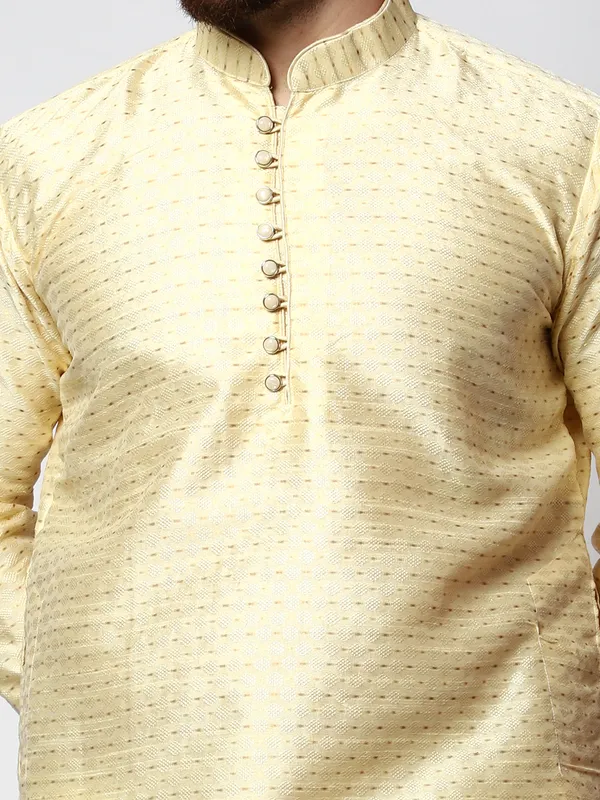 Cream_Silk_Blend_Loop_Button_Designer_Kurta_With_Churidar_Set_For_Men