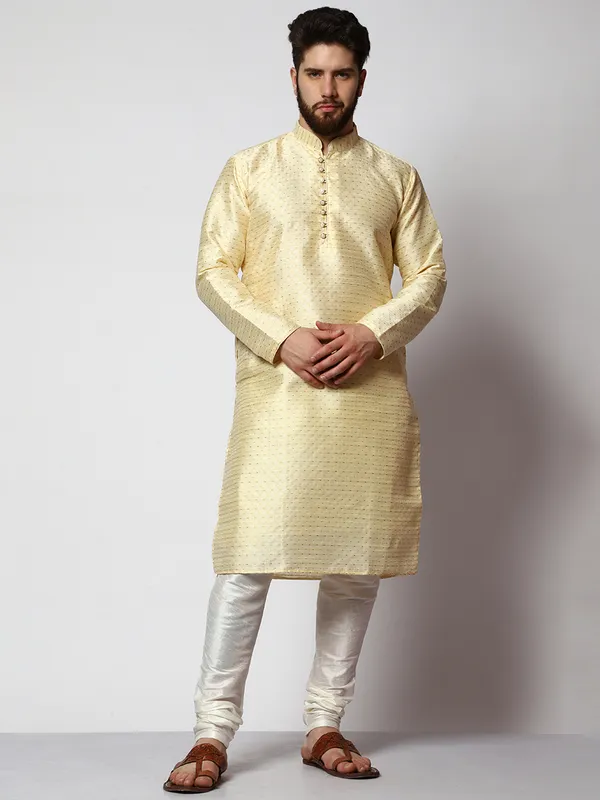 Cream_Silk_Blend_Loop_Button_Designer_Kurta_With_Churidar_Set_For_Men