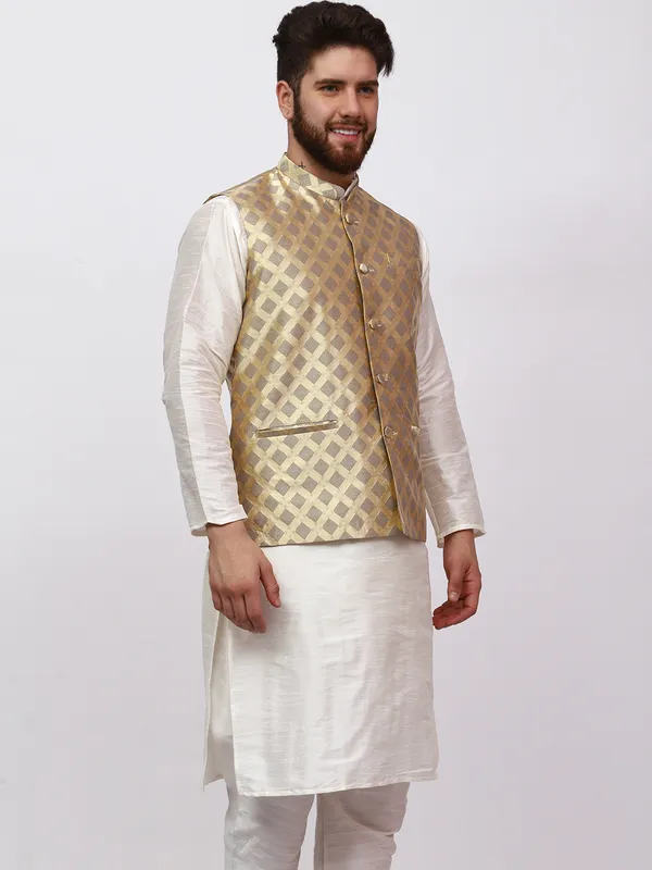 Cream_Banarasi_Dupion_Kurta_With_Box_Jacket_Set_For_Men
