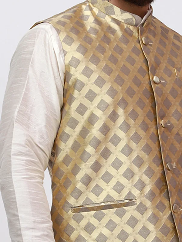 Cream_Banarasi_Dupion_Kurta_With_Box_Jacket_Set_For_Men