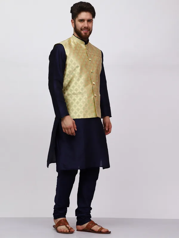 Navy_Blue_Banarasi_Dupion_Kurta_With_Box_Jacket_Set_For_Men