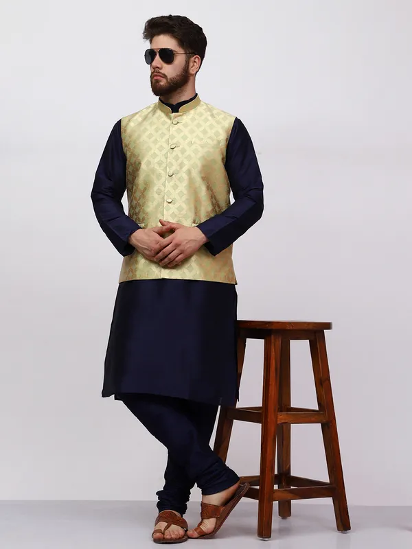 Navy_Blue_Banarasi_Dupion_Kurta_With_Box_Jacket_Set_For_Men