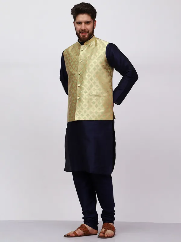 Navy_Blue_Banarasi_Dupion_Kurta_With_Box_Jacket_Set_For_Men