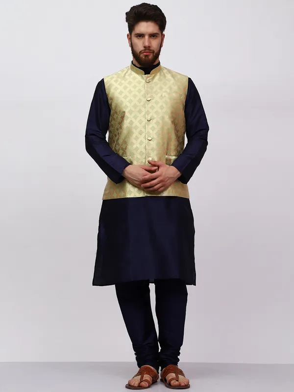 Navy_Blue_Banarasi_Dupion_Kurta_With_Box_Jacket_Set_For_Men