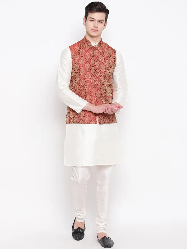 Cream_Banarasi_Dupion_Kurta_With_Churidar_And_Waistcoat_Set_For_Men