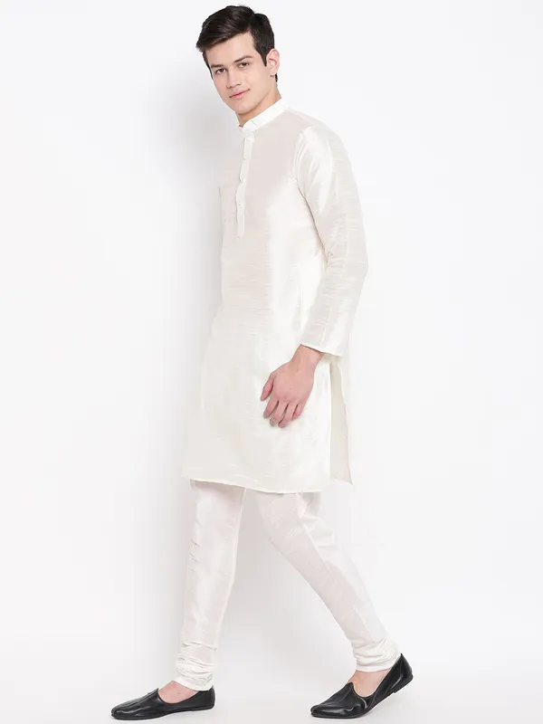Cream_Banarasi_Dupion_Kurta_With_Churidar_And_Waistcoat_Set_For_Men