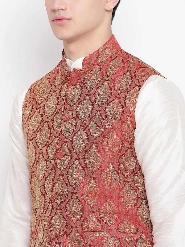 Cream_Banarasi_Dupion_Kurta_With_Churidar_And_Waistcoat_Set_For_Men