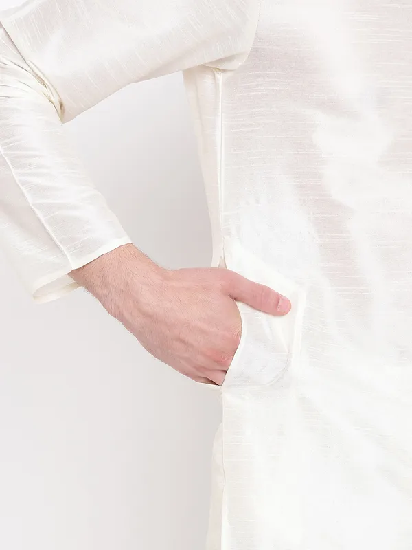 Cream_Banarasi_Dupion_Kurta_With_Churidar_And_Waistcoat_Set_For_Men