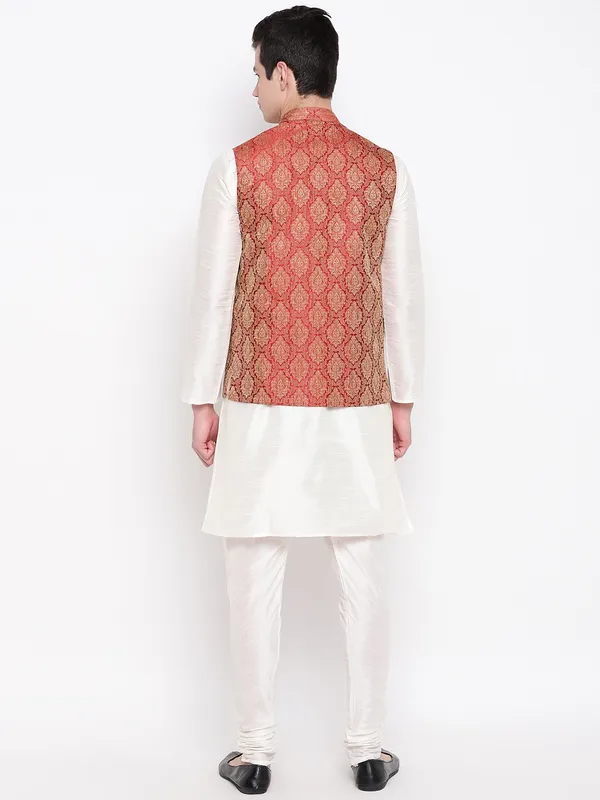 Cream_Banarasi_Dupion_Kurta_With_Churidar_And_Waistcoat_Set_For_Men