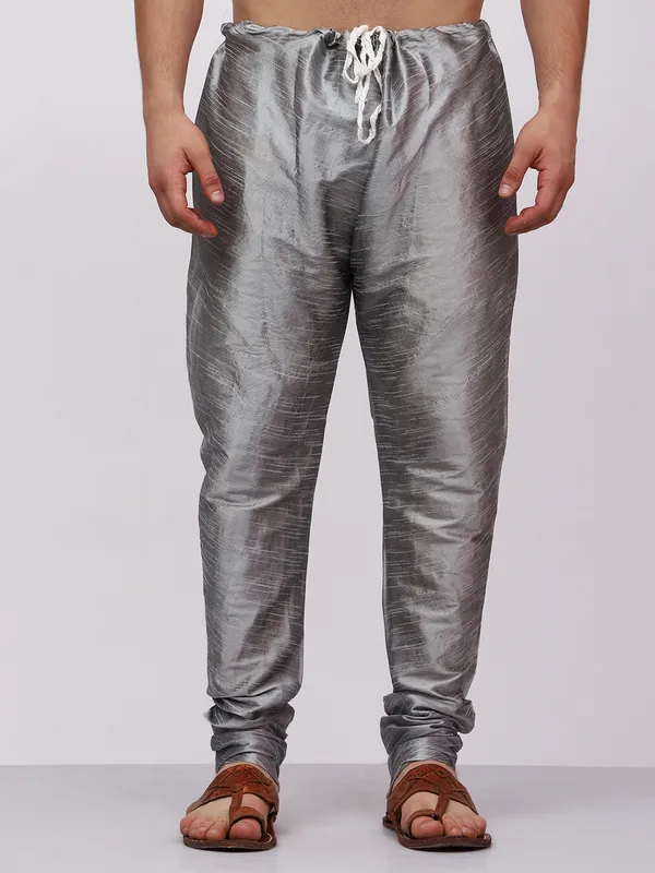 Silver_Banarasi_Dupion_Kurta_With_Box_Jacket_Set_For_Men